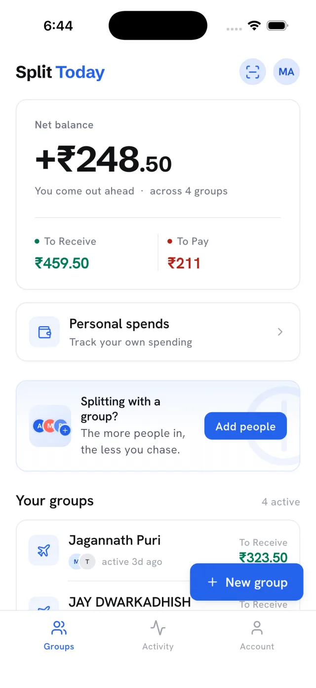 Split Today home screen: net balance across your groups