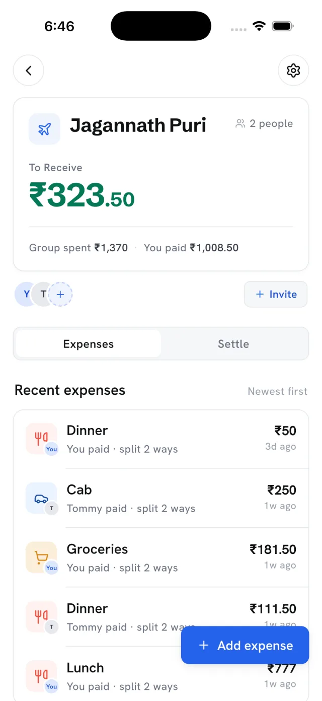 A trip group's expense feed with split details