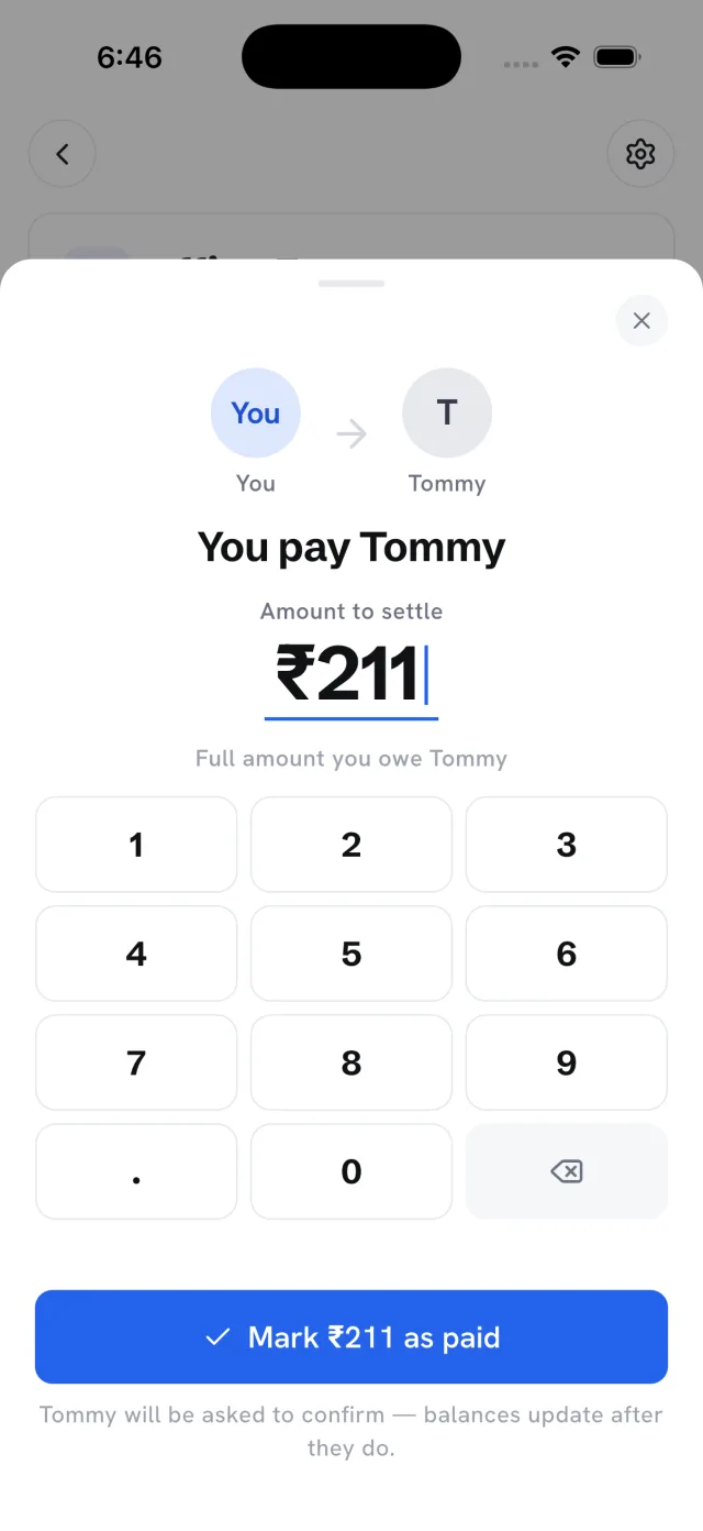 Settle up sheet: you pay Tommy, they confirm