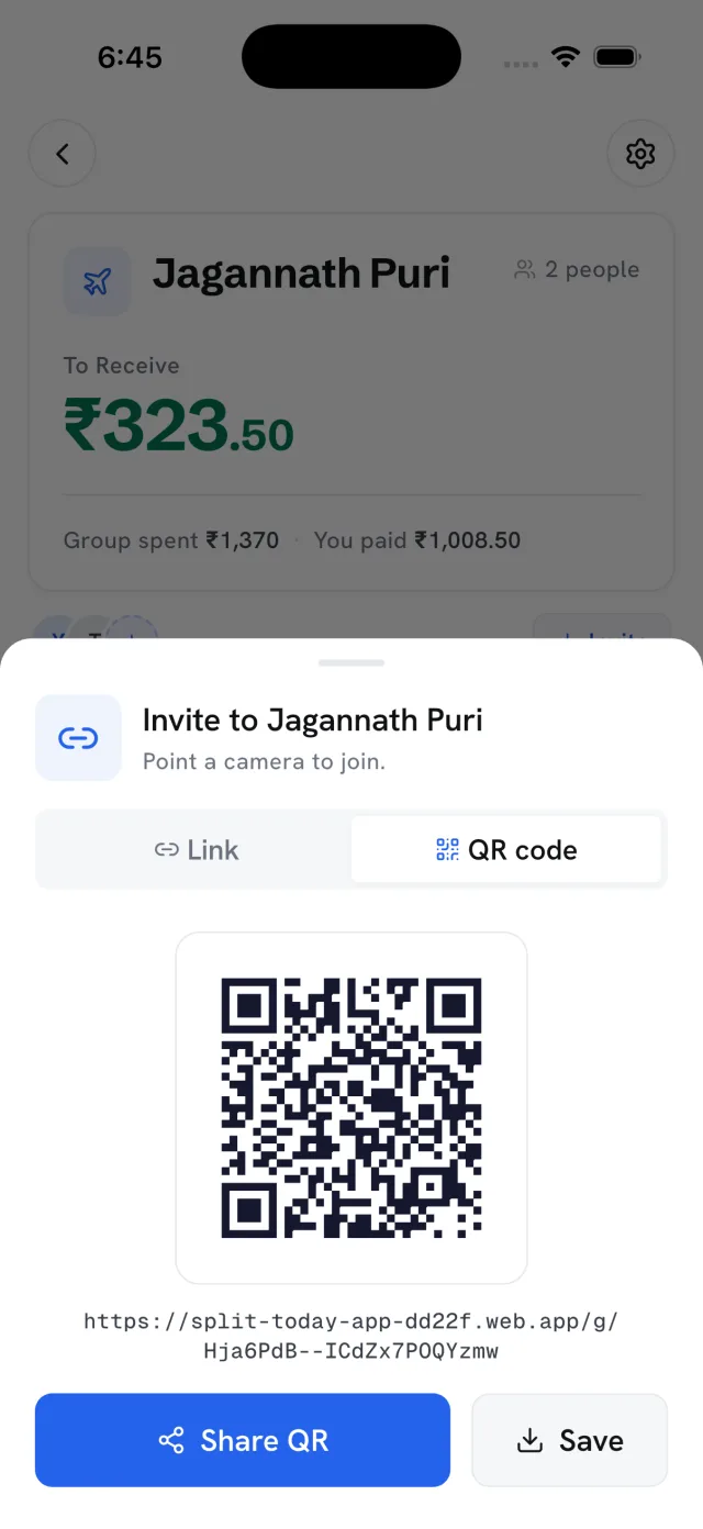 Invite sheet with link and QR code to join a group