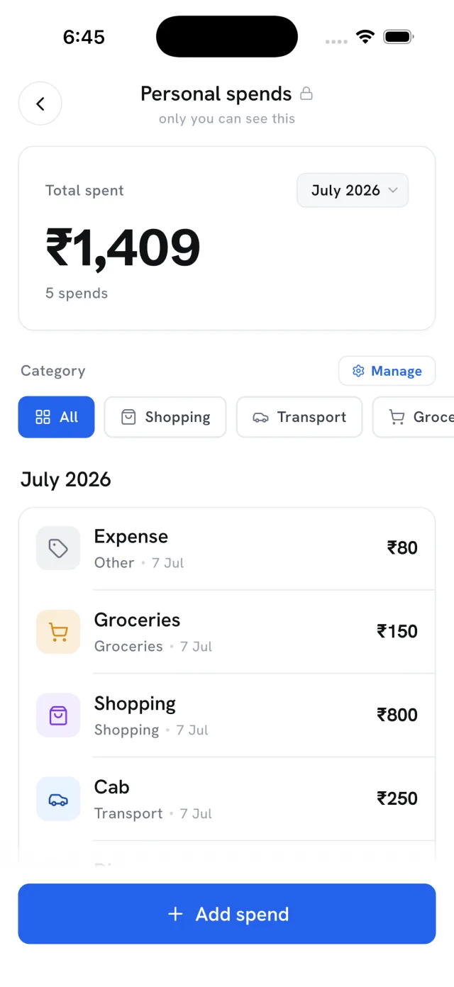 Personal spends: private monthly expense tracker